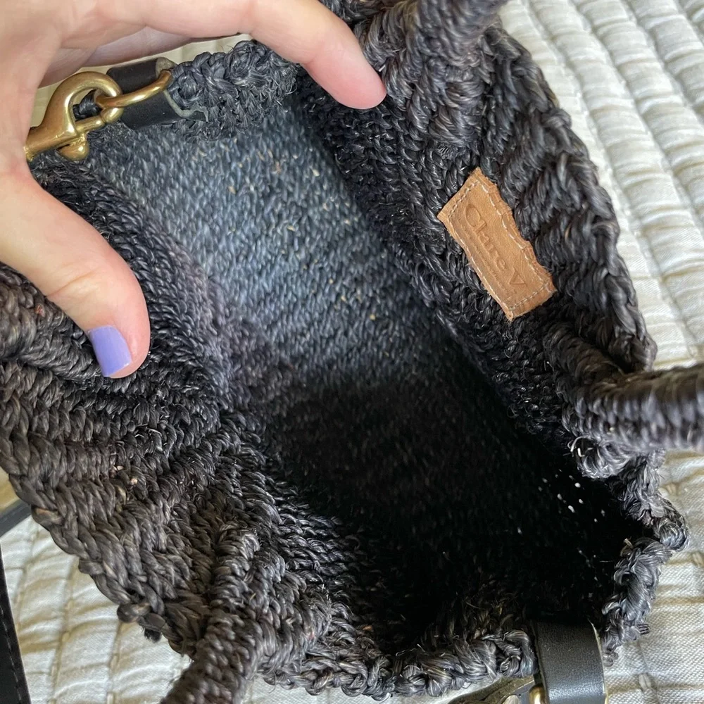 Clare V Round Woven Crossbody Bag in Dark Brown/black